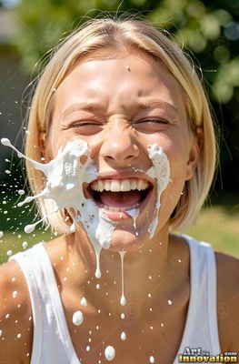 A blonde woman bursts out laughing outdoors in bright sun as plain white milk splashes across her face