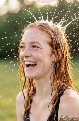 In a sunny park, a laughing woman in a black tank top gets splashed with water