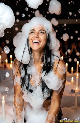Woman laughing as white soap foam lands on her head