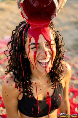 Curly dark hair frames a woman in laughter outdoors in sunlight as red paint pours over her head