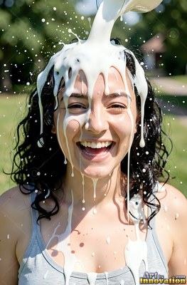 A woman chuckles as thick milk pours over her head in bright sunlight outdoors