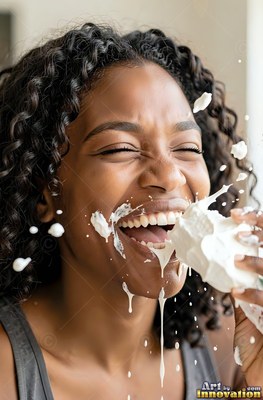 Head tilted back indoors as a woman in laughter finds herself hit with plain white cream