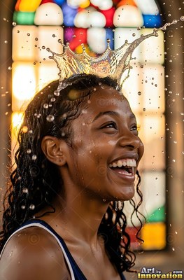 A laughing woman has water splashing like a crown right onto her head