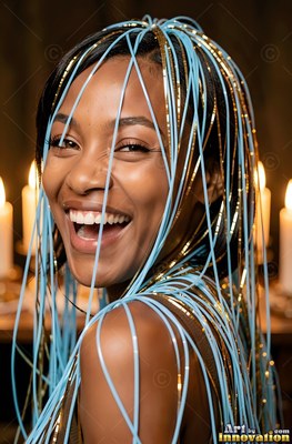 Before warm candlelight, a giggling woman is draped in blue and gold streamers