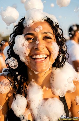 Laughing in bright sunlight, a woman smiling is covered in clumps of white foam