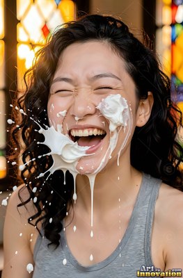 A giggling woman gets hit in the face with white cream under warm background light