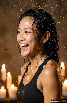 Turned in profile by warm candles, a laughing wet woman gets splashed with water