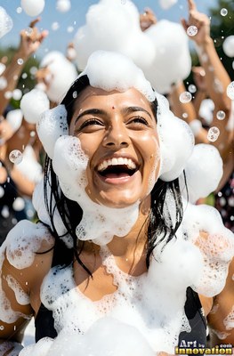 Outdoors in bright daylight, a chuckling woman is covered in white soap foam