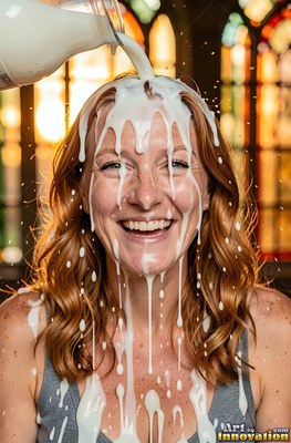 Woman smiling getting milk poured over her head
