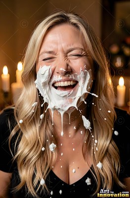 A black V-neck top on a blonde woman laughing as white foam splashes across her face before warm candles