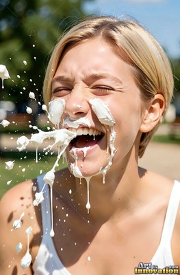 Facing forward in a sunny park, a blond woman laughs as cream hits her face