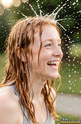 A smiling redheaded woman gets a crown of water splashed right onto her head outdoors