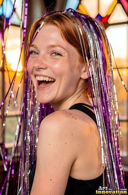 In front of a sunlit window, a woman smiling wears purple foil tinsel on her head