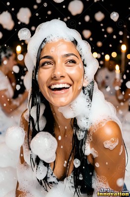 Laughing in the dark, a dark-haired woman is covered in white soap foam