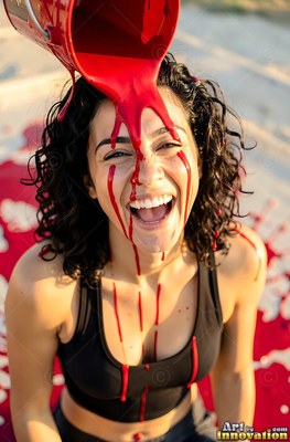 A giggling woman is red paint poured over her head