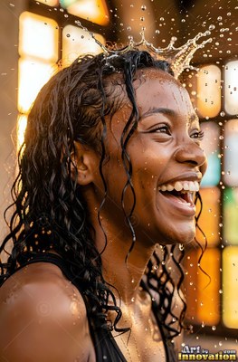 Profile of a laughing woman indoors by a window as water splashes on her head