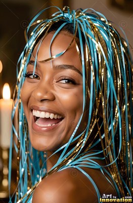 A woman breaks into laughter with blue and gold party streamers falling over her hair