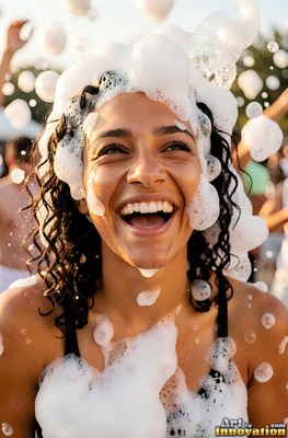 Outdoors in bright sunlight, a laughing woman finds herself covered in white soap foam