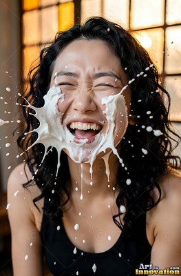 A laughing woman finds herself splashed in the face with plain white milk