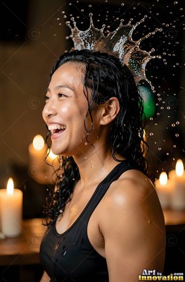 Wearing a black tank top in a candlelit room, a woman in laughter ends up splashed with water