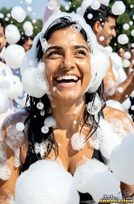 Smiling head tilted back outdoors, a woman is covered in bright white foam bubbles