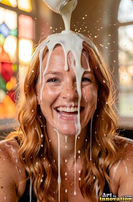 In a bright sunlit room, a red-haired woman smiles as milk pours on her head