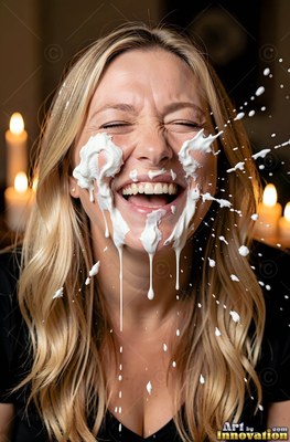 Laughing hard, a woman with blonde hair finds herself splashed across the face with plain white cream