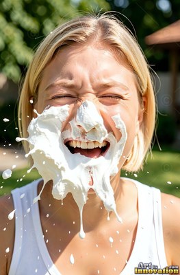 A blonde woman in a white tank top laughs outdoors as whipped cream splashes onto her face