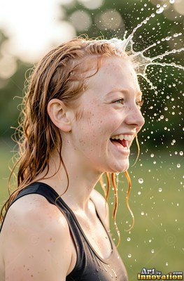 A redheaded woman laughs as water splashes onto her head in warm afternoon sunlight