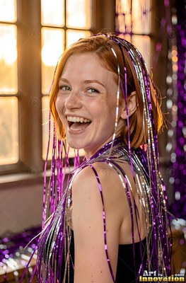 Turned over her shoulder by a window, a smiling woman wears purple tinsel