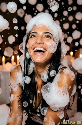 A smiling dark-haired woman covered in white soap bubbles under warm indoor lights