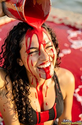 Under bright sunlight, a laughing woman has thick red paint poured over her face