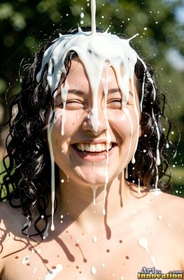 Laughing outdoors in the sun, a woman has thick plain white milk poured over her dark curls