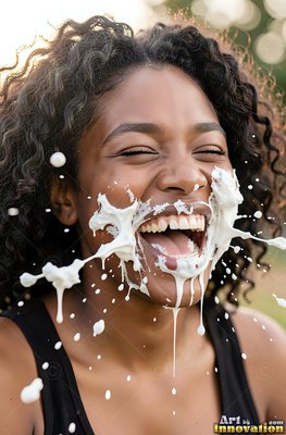 A giggling woman getting splashed with white cream