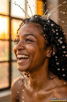 Wet dark curls cling to a giggling woman indoors by a warm window as water splashes on her head