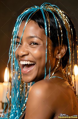 A woman smiling laughs as shiny blue and gold ribbons fall over her dark hair