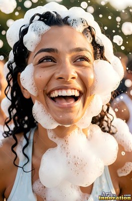 Looking up outdoors, a grinning woman is covered in white foam bubbles