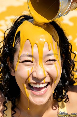 A laughing woman has thick yellow paint poured directly over her head from a bucket