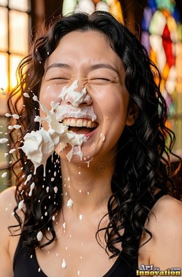 Laughing with eyes shut, a woman gets hit in the face with white whipped cream