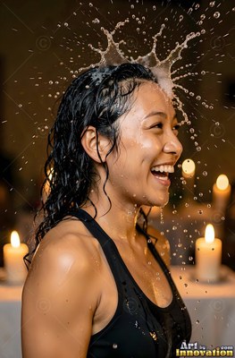 Cheerful woman in a black tank top getting splashed with water