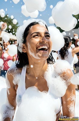 A woman laughs as thick white foam covers her head and shoulders in bright daylight