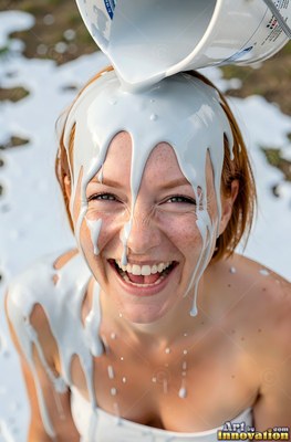 Looking up outdoors, a smiling woman finds herself thick gray paint poured on her head