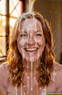 A smiling redhead woman chuckles as milk pours over her head