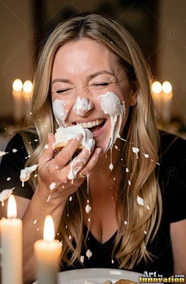 At a candlelit table, a laughing woman with blonde hair has white cake cream all over her face
