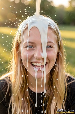 Laughing outdoors, a fair-haired woman gets thick milk poured over her head