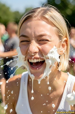 Blonde woman laughing as white foam splashes on her face outdoors