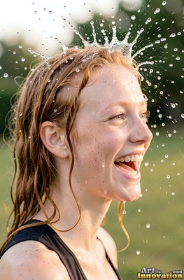 Red hair crowns a giggling woman outdoors as clear water splashes on her head in the sun
