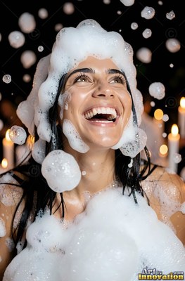 Tilted back in a dark room, a chuckling woman is covered in white foam bubbles