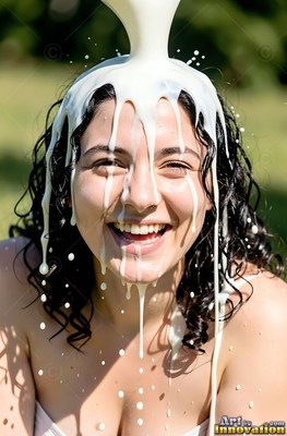 Outdoors in sunlight, a cheerful woman finds herself white milk poured over her dark hair