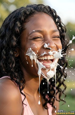 Laughing outdoors, a young woman gets splattered across the face with thick white cream